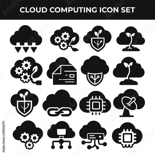cloud computing silhouette icon set featuring cloud storage, server network, data transfer, online security, hosting, backup, and digital technology concepts