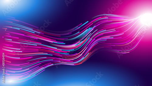 Glowing Lines and Dots Flow on Dark Background. Vibrant Neon Purple and Orange Light Trails Optic Fiber Fast Speed Internet Abstract Optic Fiber Concept. 5G Tech Data Flow Stream. Science Vector.