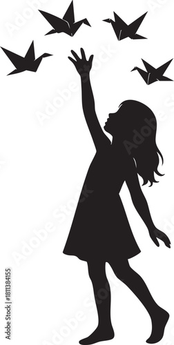 Girl catching falling origami birds silhouette vector
