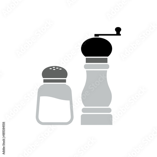Salt shaker and pepper grinder, kitchen condiments concept, food seasoning illustration, copy space