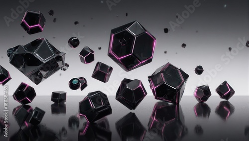 Floating, reflective black geometric shapes with pink accents against a grayscale gradient background
