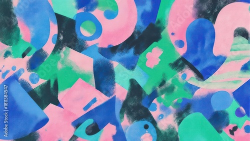Abstract artwork with various colorful shapes in a textured watercolor style