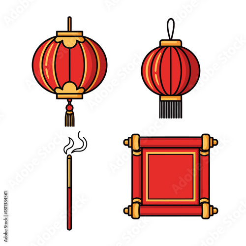 Set of traditional Chinese lanterns and ornaments showing cultural