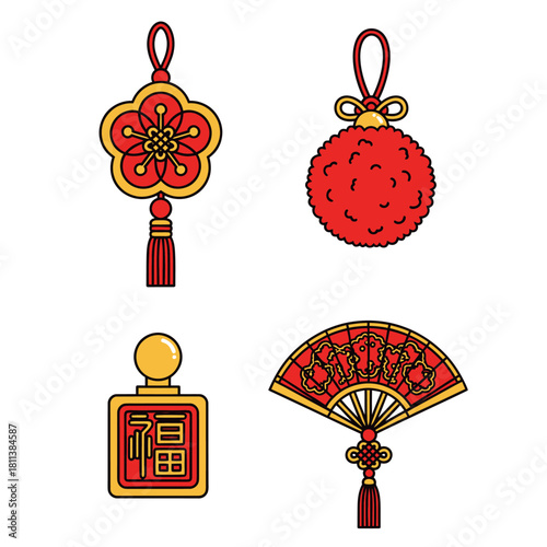 Colorful traditional red accessories and decorative items inspired by cultural