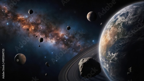 A cosmic scene depicts a planet with rings, asteroids, and the majestic Milky Way galaxy