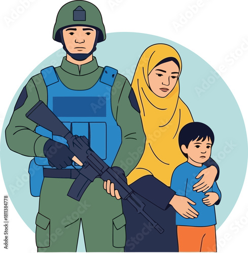 Protecting family soldier guarding muslim woman and child vector illustration art