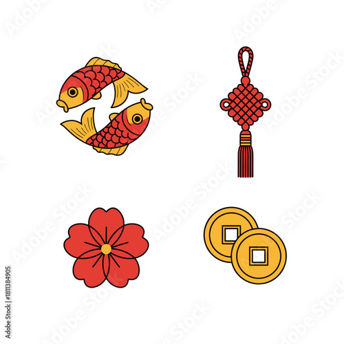 Collection of traditional Asian decorative symbols including koi fish charm