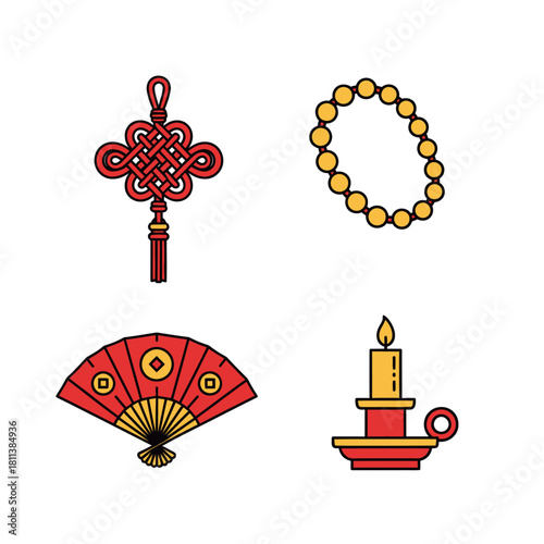 Collection of cultural symbols including traditional knot ornament fan candle