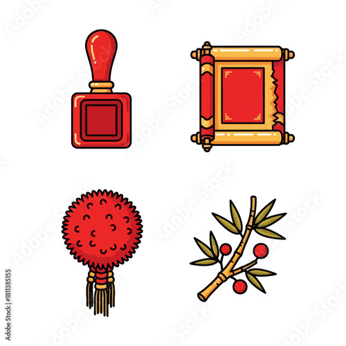 Traditional Asian stamps and ornamentation with decorative scroll and floral