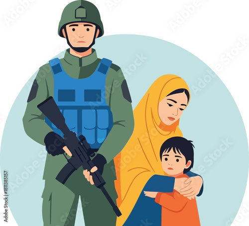 Protecting civilians a soldier stands guard over mother and child, illustration.
