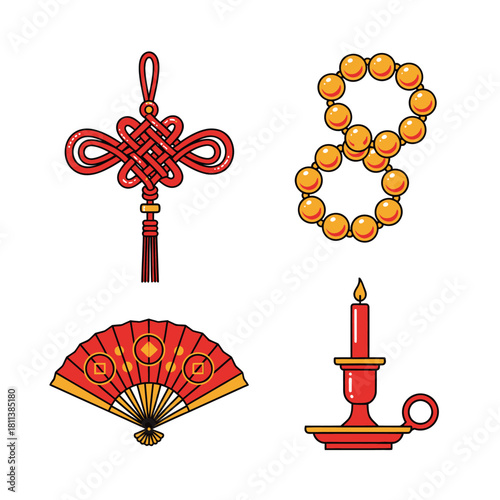 Elegant collection of traditional Asian decorative motifs including knot, fan,