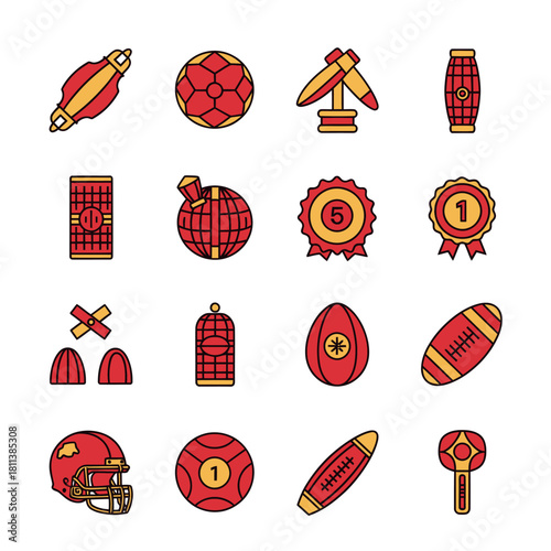 A vibrant collection of vintage-inspired sports equipment and accessories in