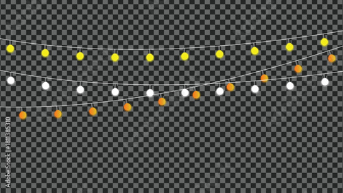 Bright festive string lights with yellow, white, orange bulbs isolated on transparent background