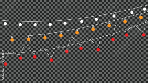 Festive string lights with white, orange, red bulbs, party decor. isolated on transparent background