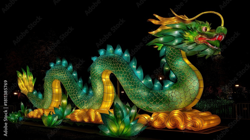 Fototapeta premium Colorful dragon lantern shines at nighttime festival