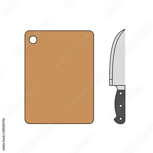 Cutting board with a knife, colorful design, kitchen tool, brown and silver, concept