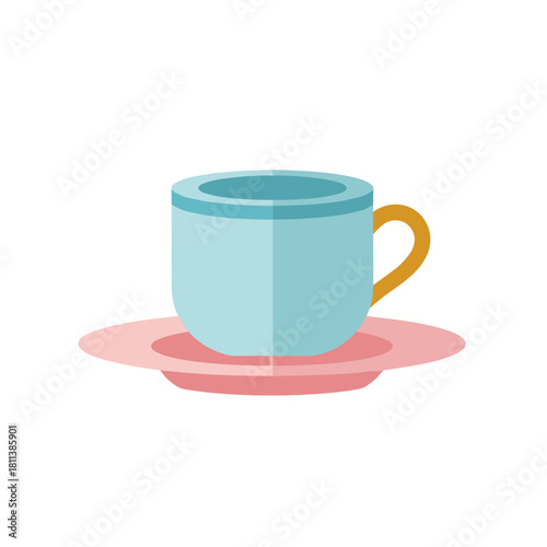 Colored coffee cup on saucer, beverage concept, kitchenware illustration