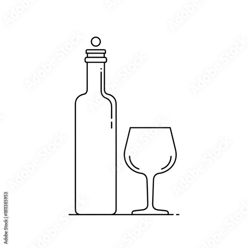 Outline of a wine bottle and glass, minimalistic design, beverage presentation, black and white, concept