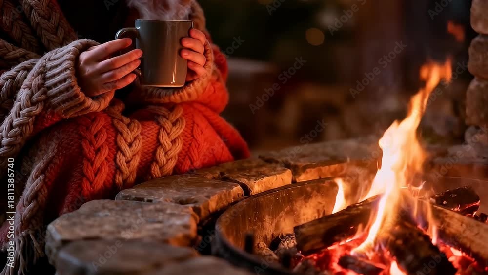 custom made wallpaper toronto digitalCozy person in warm blanket holding steaming mug by outdoor fire pit during winter evening
