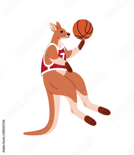 Cute kangaroo plays basketball. Australian animal sports player throws ball into basket. Funny anthropomorphic sportsman jumps on its tail. Flat isolated vector illustration on white background