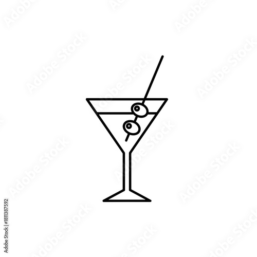 Line art martini glass with olives, cocktail design, beverage concept