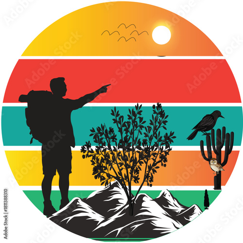 Silhouette hiker pointing in desert landscape with saguaro cactus, bird, owl, tree, mountains, and sun