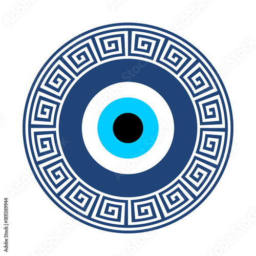 Greek eye. Blue Nazar amulet. Traditional evil eye protection symbol. Greek-style geometric border. Suitable for cultural designs, decor elements, icons, mascots, and spiritual themed projects. Vector