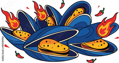 Pixel Art Mussels With Hot Peppers And Flames In A Vibrant Blue Shell With Yellow Filling And Red Chili Accents