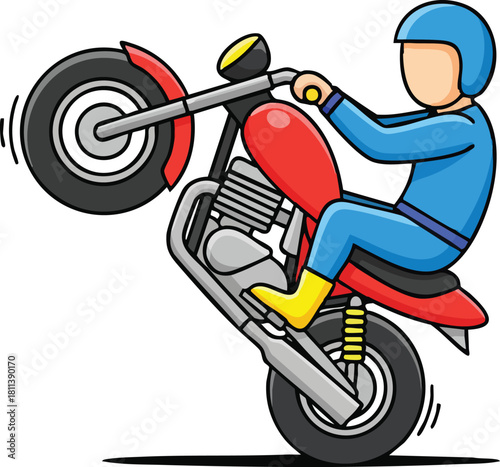 Red Motorcycle Wheelie With Rider In Blue Jumpsuit Yellow Helmet And Boots White Background