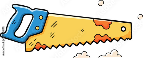 Pixel Art Saw Tool With Blue Handle Against White Background And Scattered Clouds