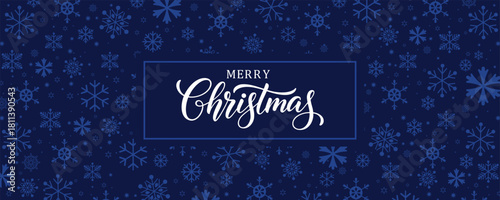 Luxury Christmas vector banner featuring white "Merry Christmas" script calligraphy inside a dark blue border rectangle, set over a deep navy background with a seamless pattern of blue snowflakes. Ele
