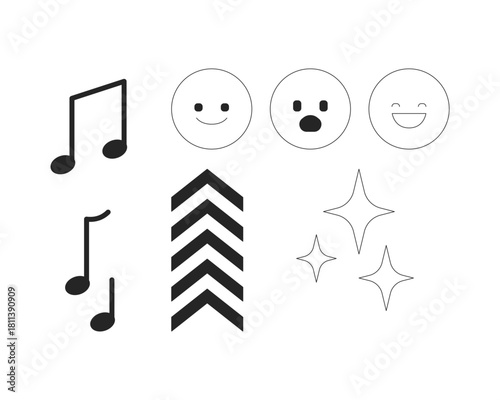 Music notes, emojis and chevron sparkles 2D line objects set. Song, emotion. Fun and creativity in digital media isolated cliparts vector ink outline items. Monochrome spot illustrations collection