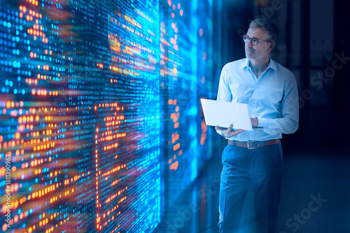 Engineer analyzing data on tablet in modern server room