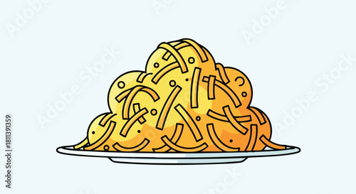 Pixel Art Pile of Spaghetti with Grated Cheese on a White Plate Isolated on Light Blue Background