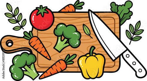 Wooden Cutting Board With Fresh Vegetables Broccoli Carrots Tomato Yellow Pepper And Knife Ready For Cooking