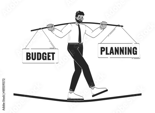 Budget balancing doodle line illustration concept. Financial planning. Corporate stability. Black businessman walking on tightrope 2D outline character isolated. Hand drawn ink metaphor monochrome