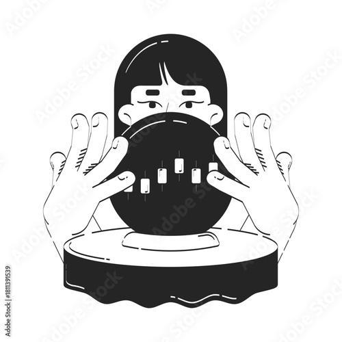 Financial forecasting with crystal ball doodle line illustration concept. Stock trading foresight prediction. Fortune teller analysis orb 2D outline character isolated. Hand drawn metaphor monochrome