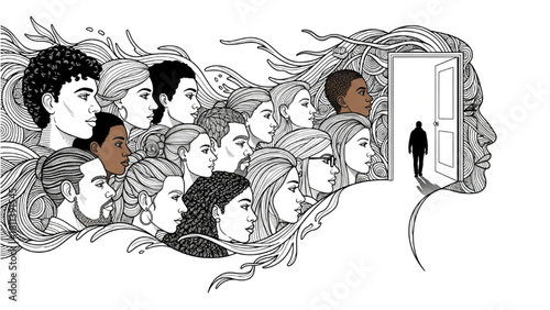 One-Line Unified Human Profiles with Figure Approaching Bright Open Door – Hope, Equality and Freedom Art