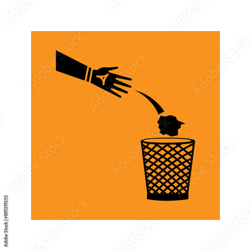 hand-throwing-trash-into-bin-icon A clean black-and-white icon depicting a hand throwing a crumpled paper into a waste bin. Simple, minimalistic, and perfect for recycling, waste management, cleanline