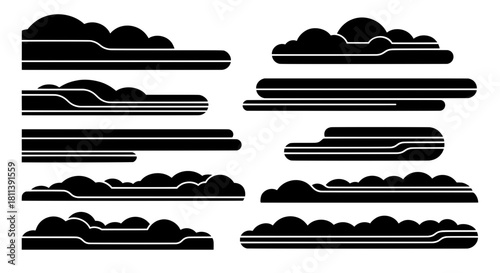 A versatile collection of modern black vector elements, including abstract cloudscapes, lower thirds, and banner overlays with clean, rounded lines.