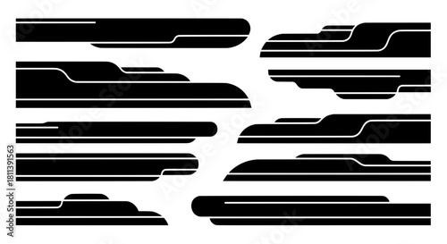 A versatile collection of modern futuristic black vector shapes. Includes abstract lower third bars, banners, and overlays with clean lines for design.