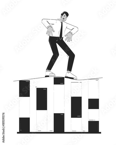 Shaky financial situation doodle line illustration concept. Worried indian businessman struggling to balance atop unstable bar chart 2D outline character isolated. Hand drawn ink metaphor monochrome