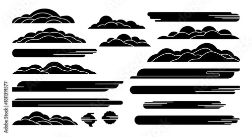 A versatile set of modern black vector elements, featuring abstract lower thirds, banners, and stylized cloud or landscape shapes for creative projects.