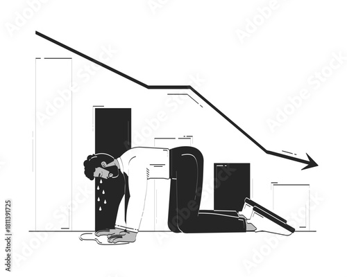 Unexpected financial loss doodle line illustration concept. Sales decrease. Market downturn. Crying businessman beside declining bar graph 2D outline character isolated. Hand drawn metaphor monochrome