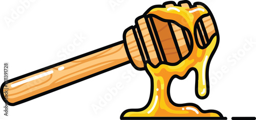 Wooden Honey Dipper Dripping Viscous Golden Honey Isolated on White Background