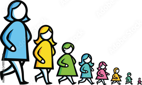 Diverse group of women and girls of varying sizes walking together in colorful clothing representing unity and progression