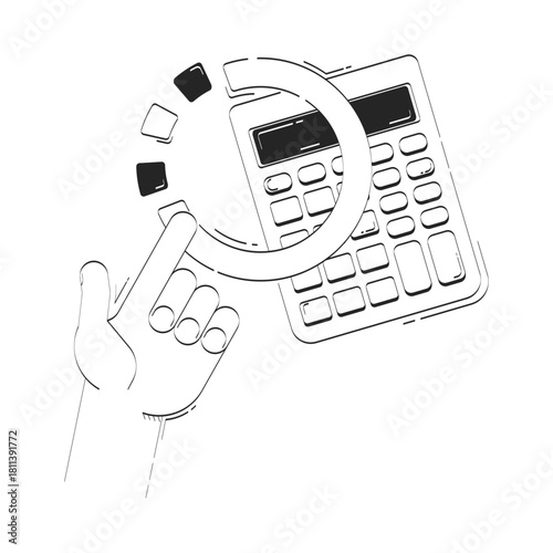 Calculating financial forecast doodle line illustration concept. Budget estimate. Hand pointing toward calculator and segmented graph 2D outline composition isolated. Hand drawn metaphor monochrome