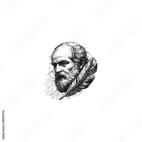 Vintage engraving style illustration of an ancient bearded philosopher or scholar, combined with a classic feather quill.