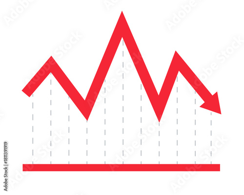 Bold red downward graph arrow 2D cartoon object. Trend market decline. Descending line chart. Business loss. Economic downturn isolated element flat vector clip art on white. Spot illustration