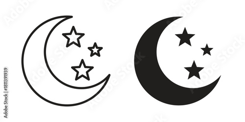 Moon stars icons of black colored in various styles